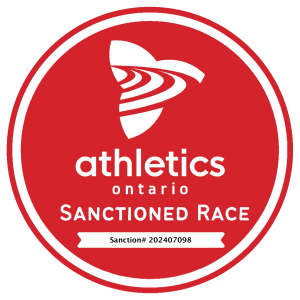Athletics Ontario sanctioned race badge with sanction number.