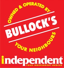 Bullock's Independent Grocer Logo. Red Square with bold text saying 